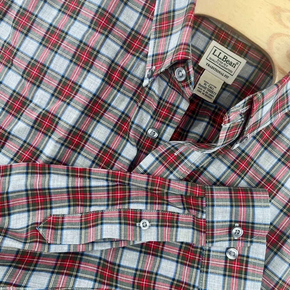 LL Bean Button Down Long Sleeve Christmas Red Green Plaid Traditional Fit XLT